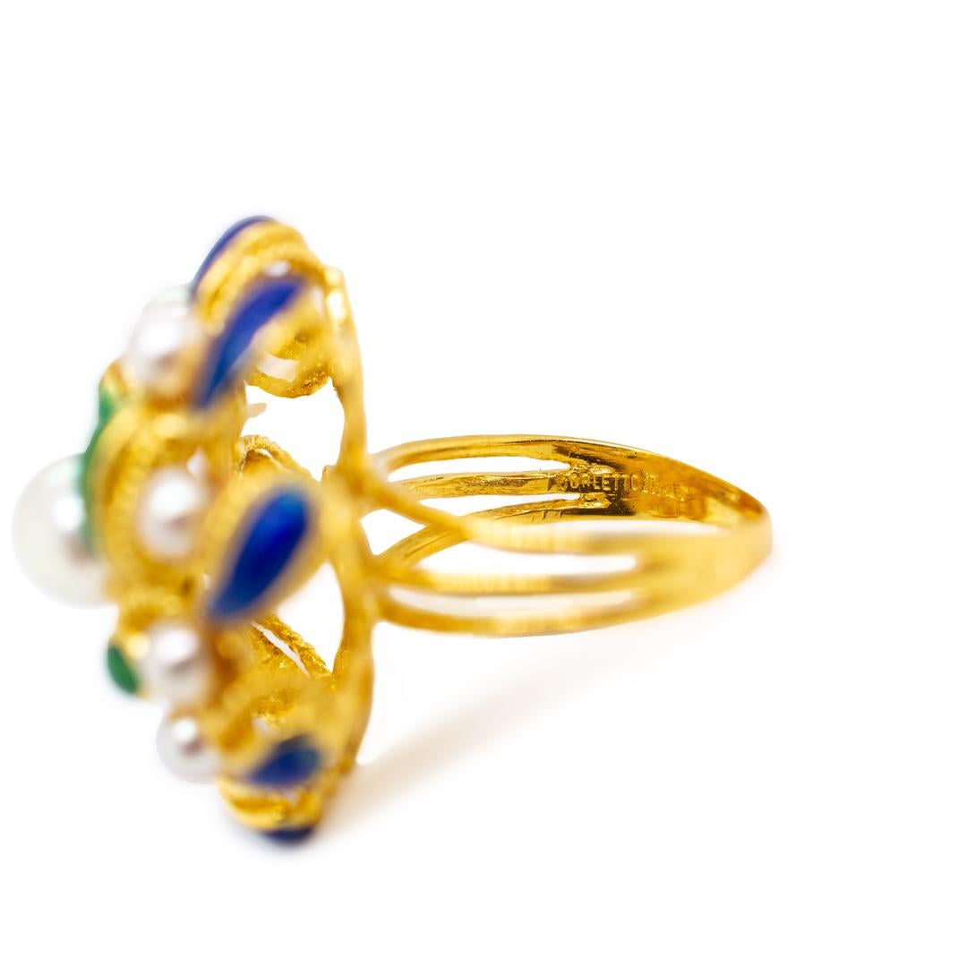 Damen Vintage Cocktail Perlen Emaille 18K Gelbgold Ring 1