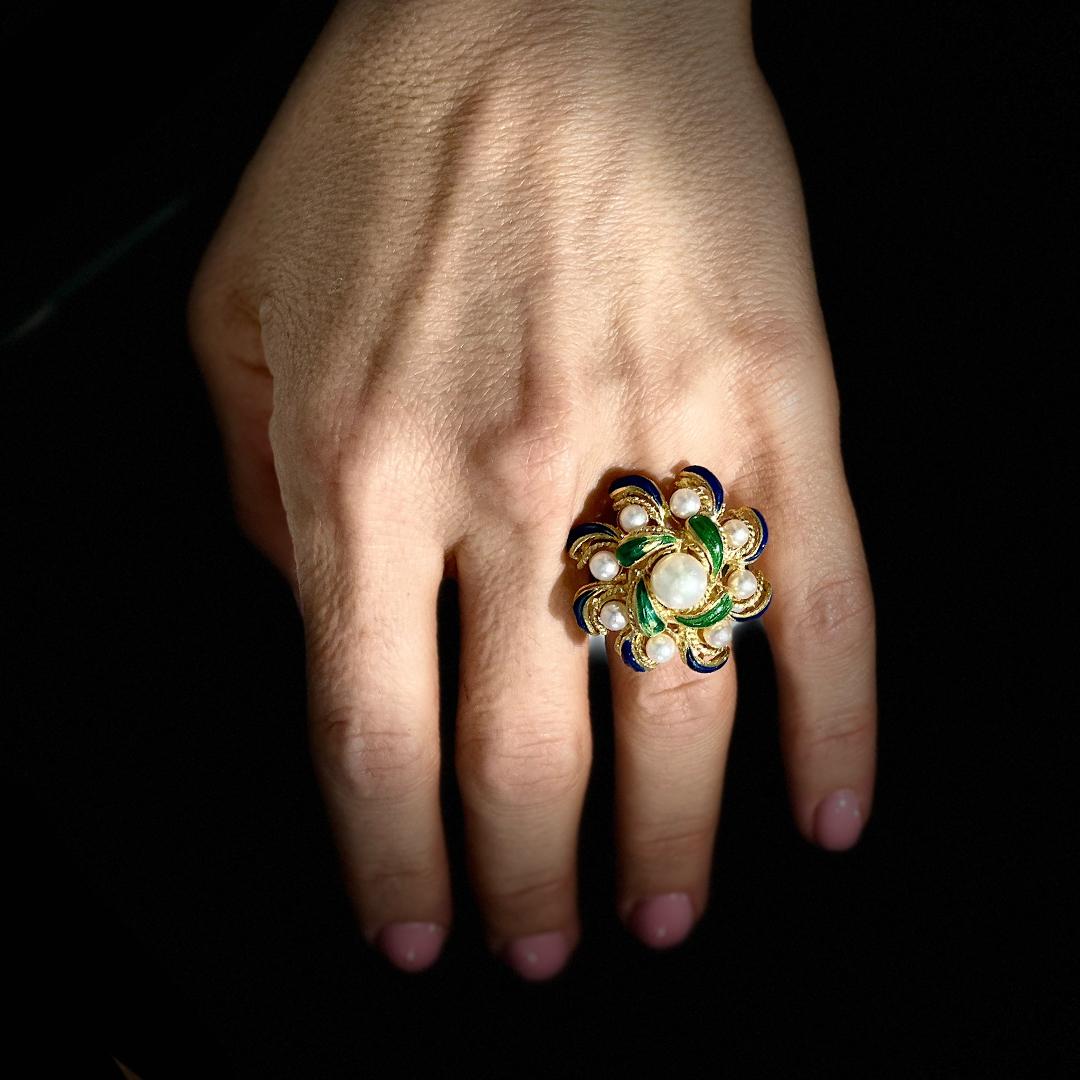 Damen Vintage Cocktail Perlen Emaille 18K Gelbgold Ring 2