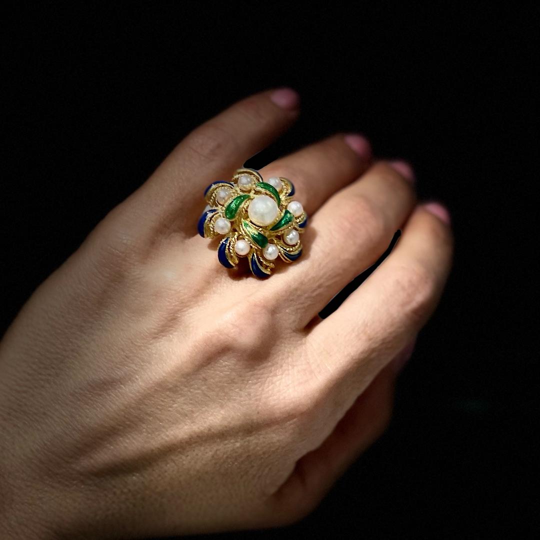 Damen Vintage Cocktail Perlen Emaille 18K Gelbgold Ring 3