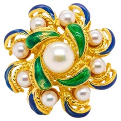 Damen Vintage Cocktail Perlen Emaille 18K Gelbgold Ring