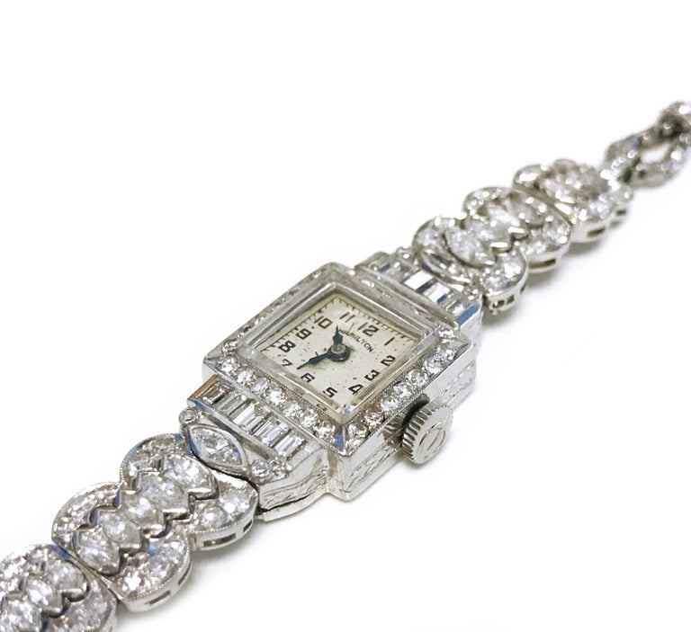 Hamilton Ladies Platinum Diamond Bracelet Watch, Circa 1930s For Sale