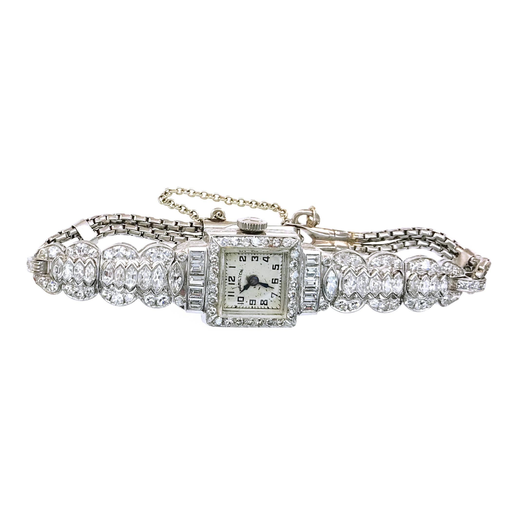 Round Cut Hamilton Ladies Platinum Diamond Bracelet Watch, Circa 1930s