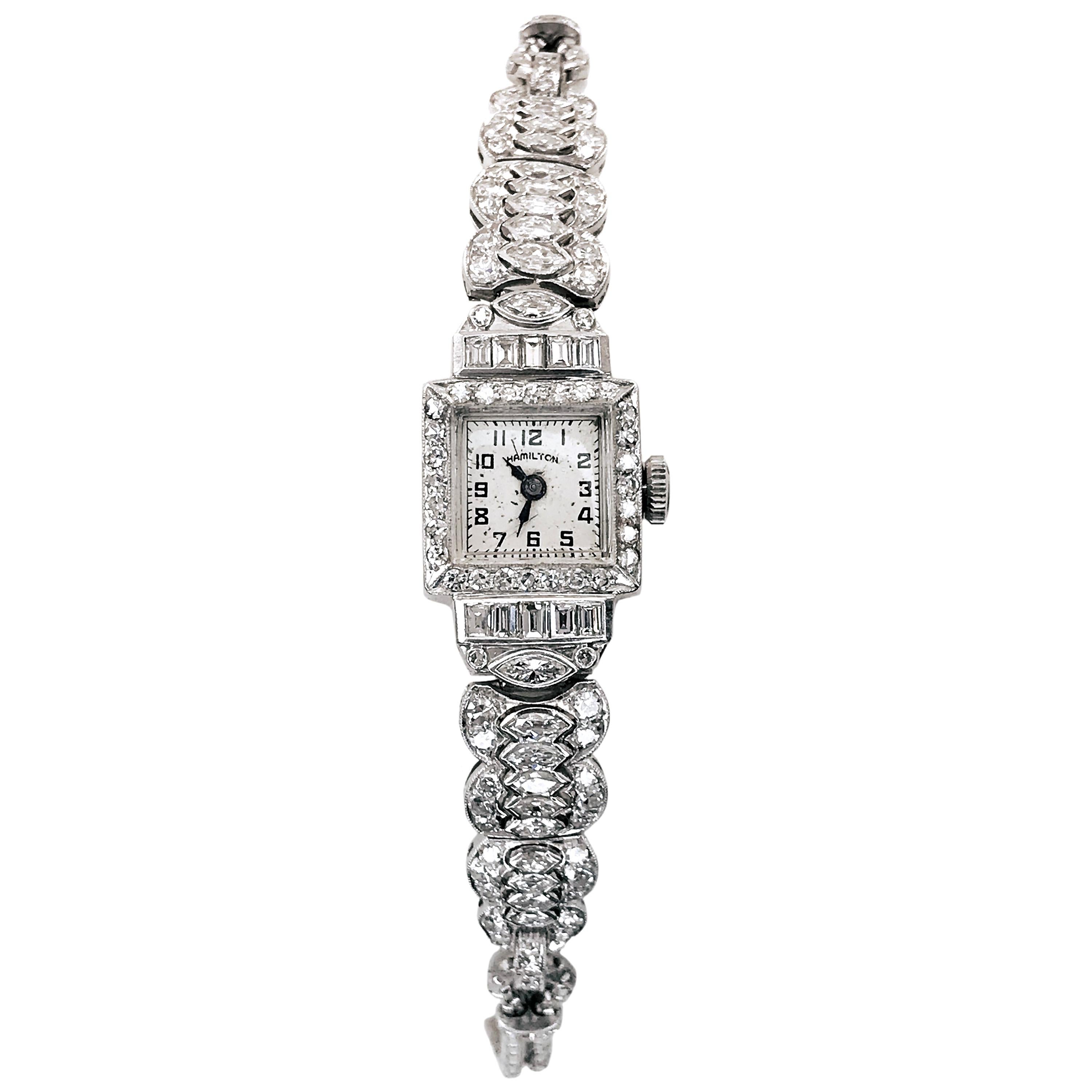 Hamilton Ladies Platinum Diamond Bracelet Watch, Circa 1930s