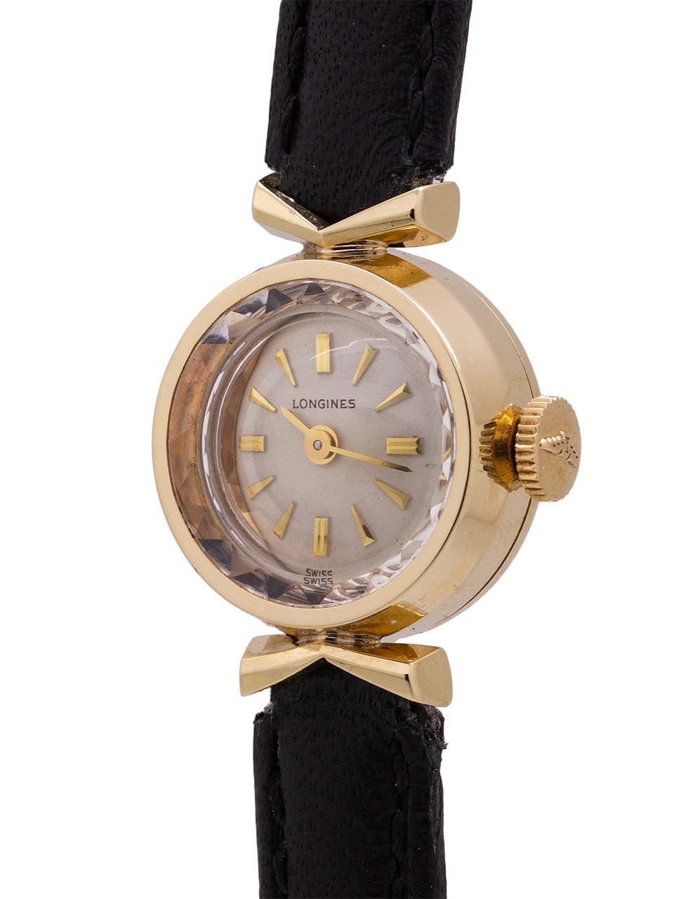  
Vintage ladies Longines manual wind dress model circa early 1960’s. Featuring a 13mm round 10K gold filled case with flared lugs and signed crown. Very clean example with acrylic crystal and very clean original silver dial with applied gold