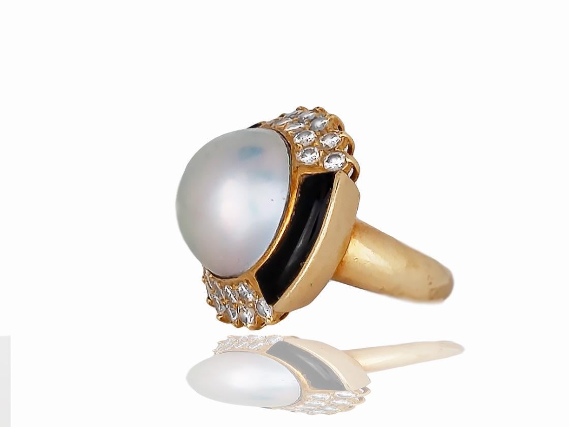 Modern Art Deco Style, Mabe' Pearl and Diamond Black Onyx Ring For Sale