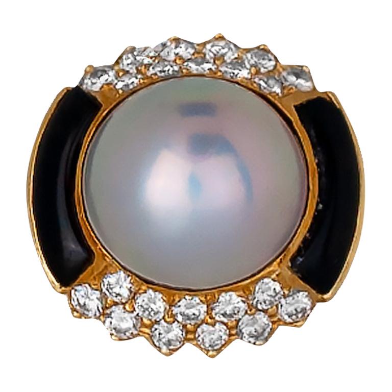 Art Deco Style, Mabe' Pearl and Diamond Black Onyx Ring For Sale