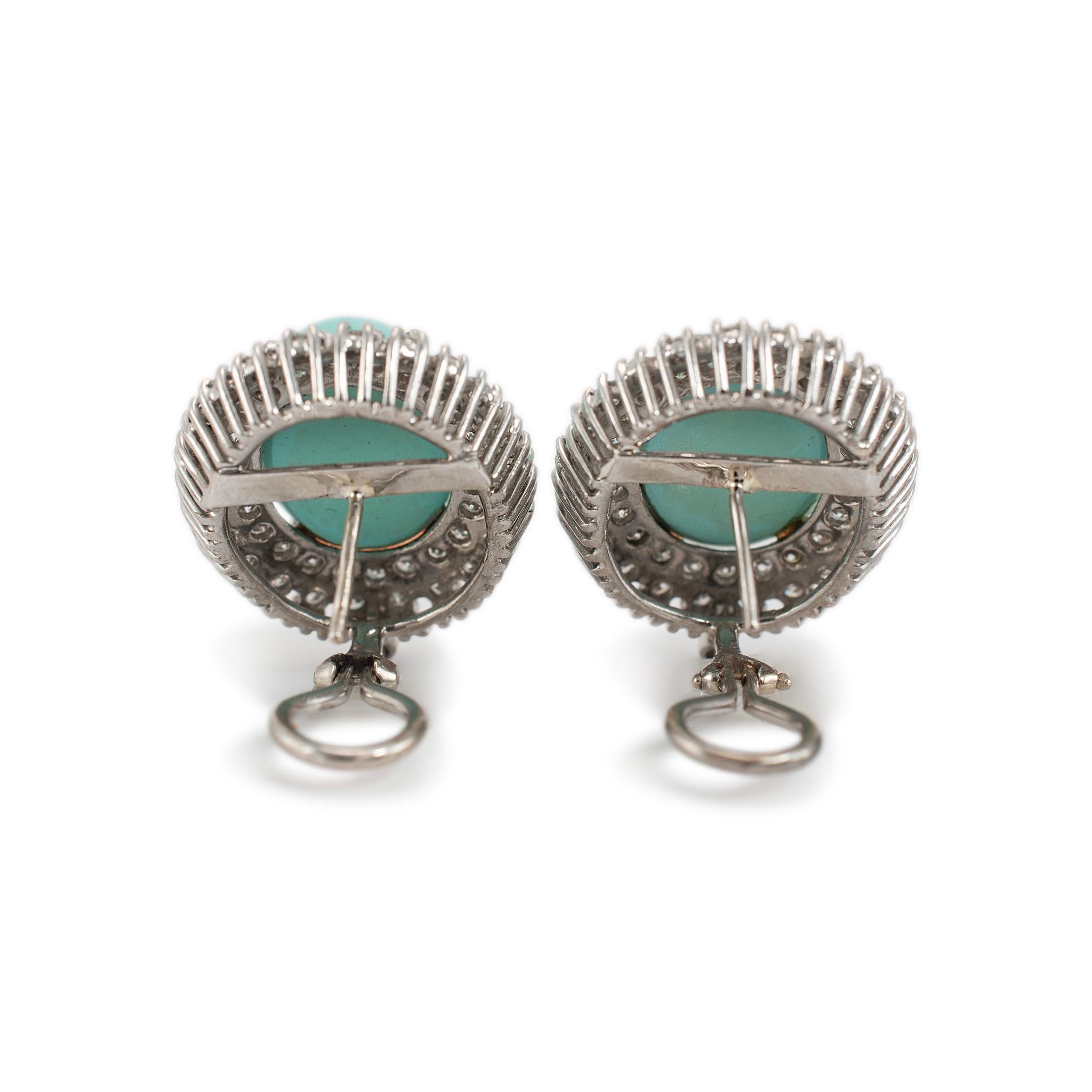 Pendientes de pinza vintage de turquesa, halo y diamantes en metales mixtos en Excelente estado para la venta en Houston, TX