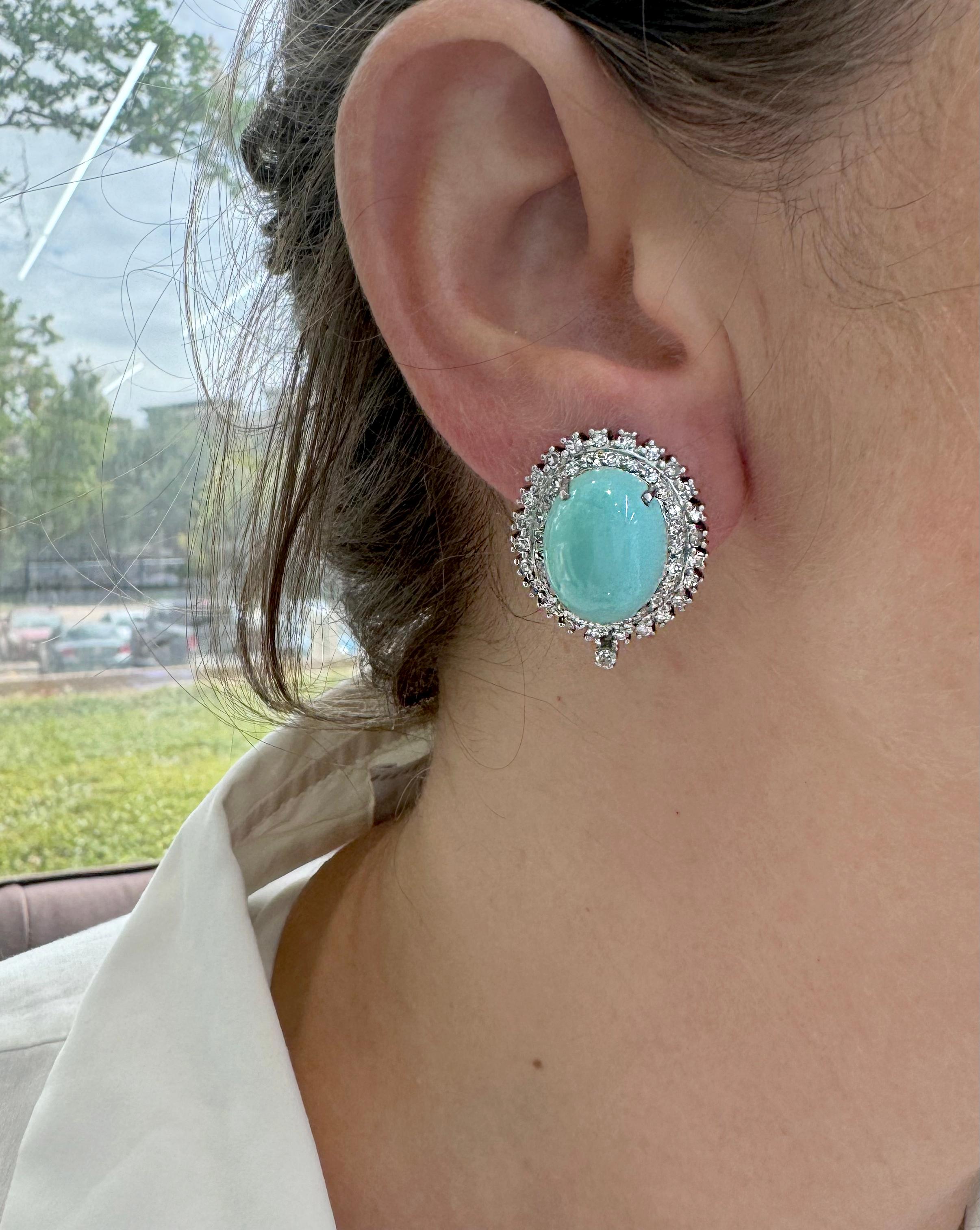 De las mujeres Pendientes de pinza vintage de turquesa, halo y diamantes en metales mixtos en venta