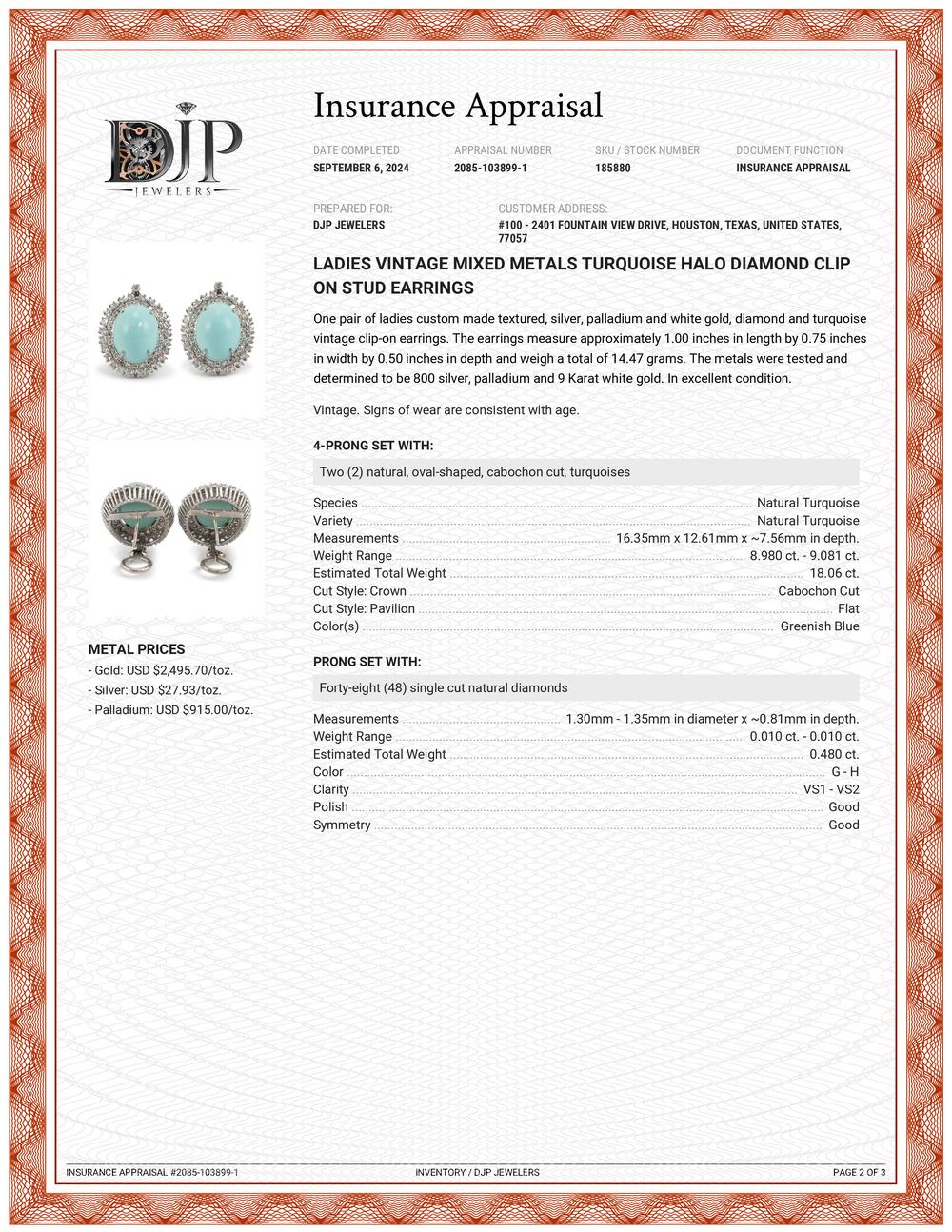 Pendientes de pinza vintage de turquesa, halo y diamantes en metales mixtos en venta 1