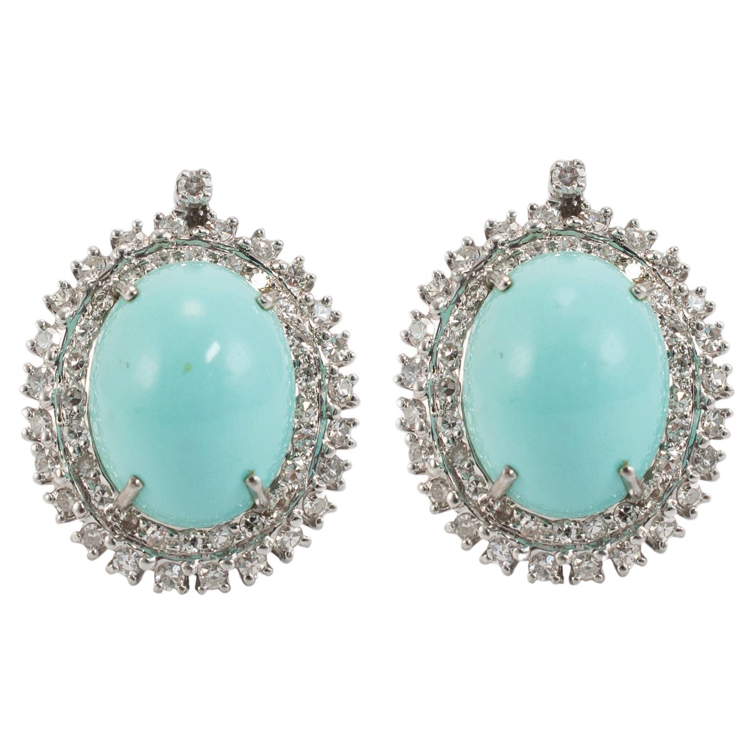 Pendientes de pinza vintage de turquesa, halo y diamantes en metales mixtos en venta