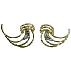 Ladies Vintage Modernist Earrings set With Diamonds in 14 Karat Yellow Gold