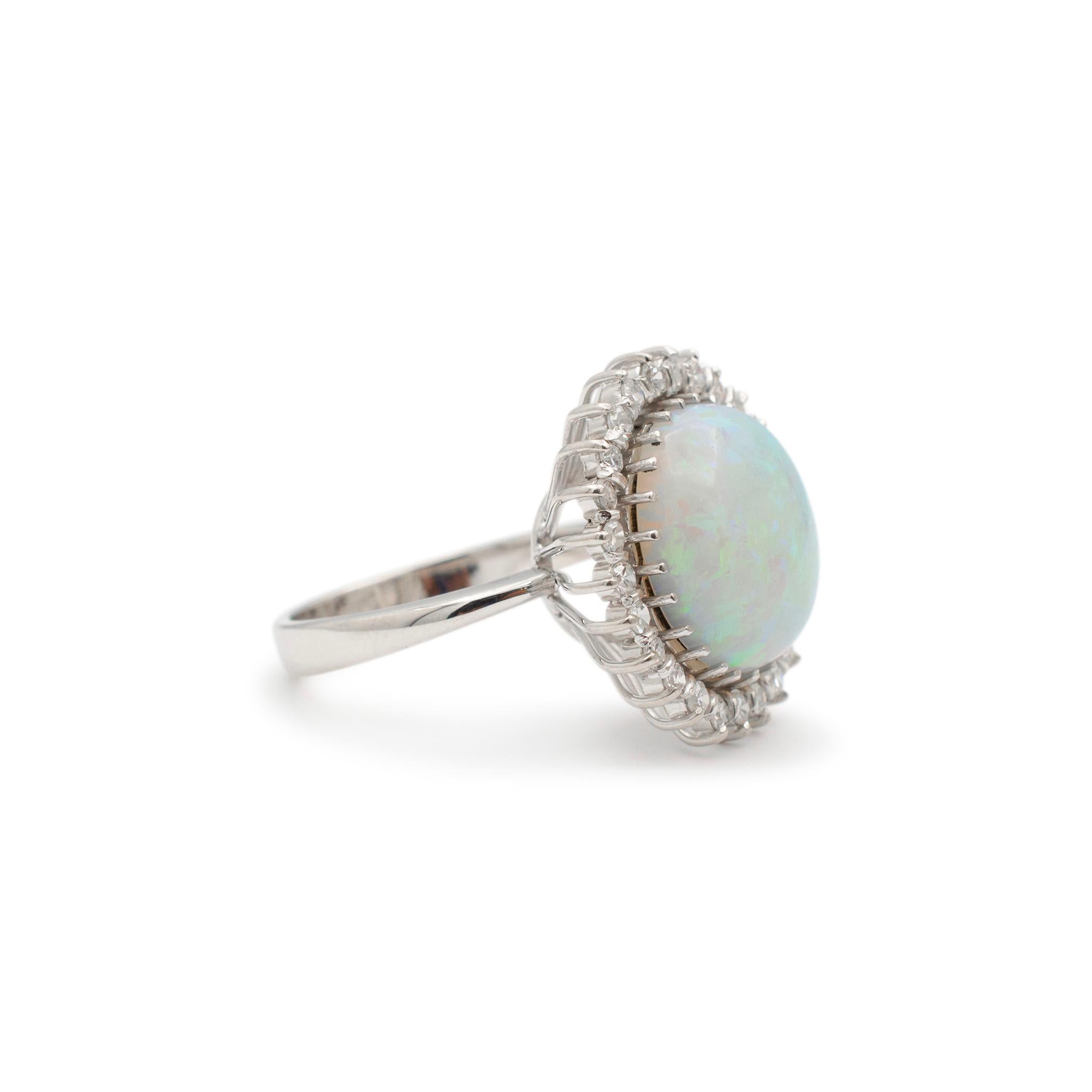 Oval Cut Ladies Vintage Palladium & 14K White Gold Oval Opal Halo Diamond Cocktail Ring For Sale