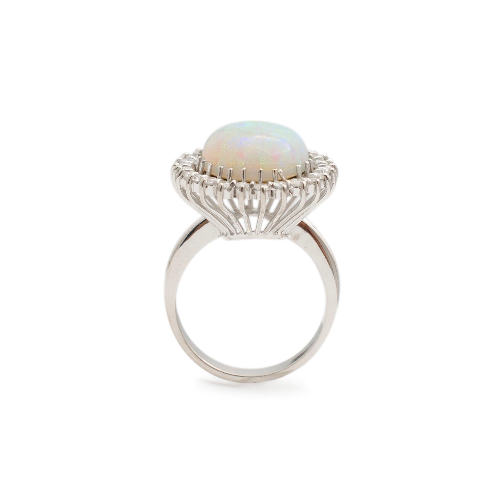 Ladies Vintage Palladium & 14K White Gold Oval Opal Halo Diamond Cocktail Ring For Sale 1