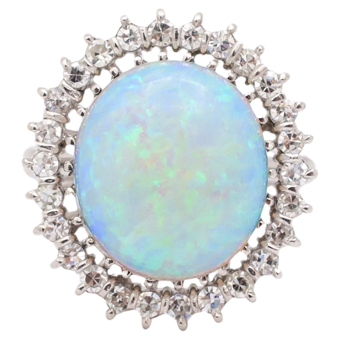 Ladies Vintage Palladium & 14K White Gold Oval Opal Halo Diamond Cocktail Ring For Sale