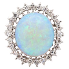 Ladies Vintage Palladium & 14K White Gold Oval Opal Halo Diamond Cocktail Ring