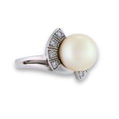 Ladies Vintage Pearl & Diamond Ring in 14K White Gold