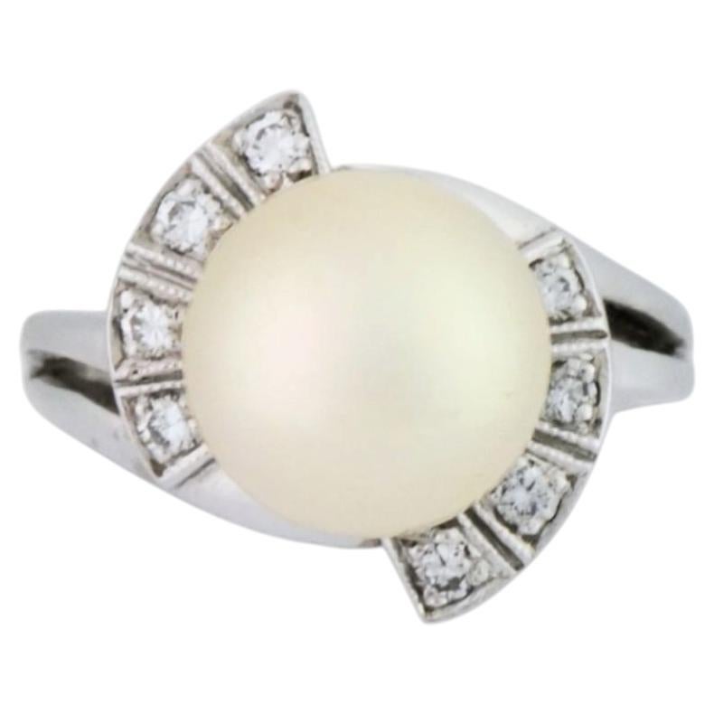 Damen Vintage Perle & Diamant Ring in 14K Weißgold