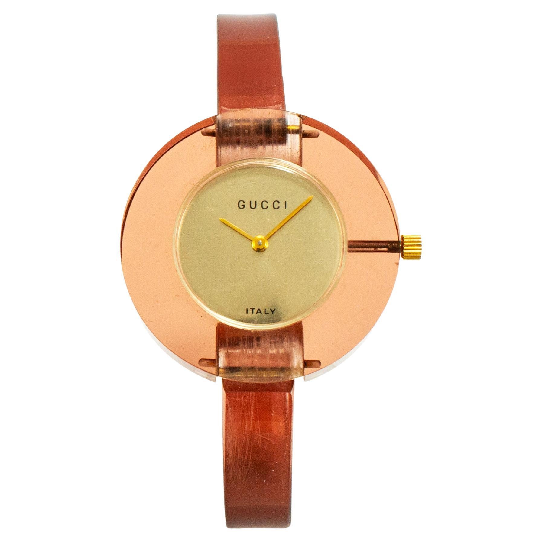 Ladies Vintage Pink Gucci Lucite 35MM Bangle Manual Wind Watch For Sale