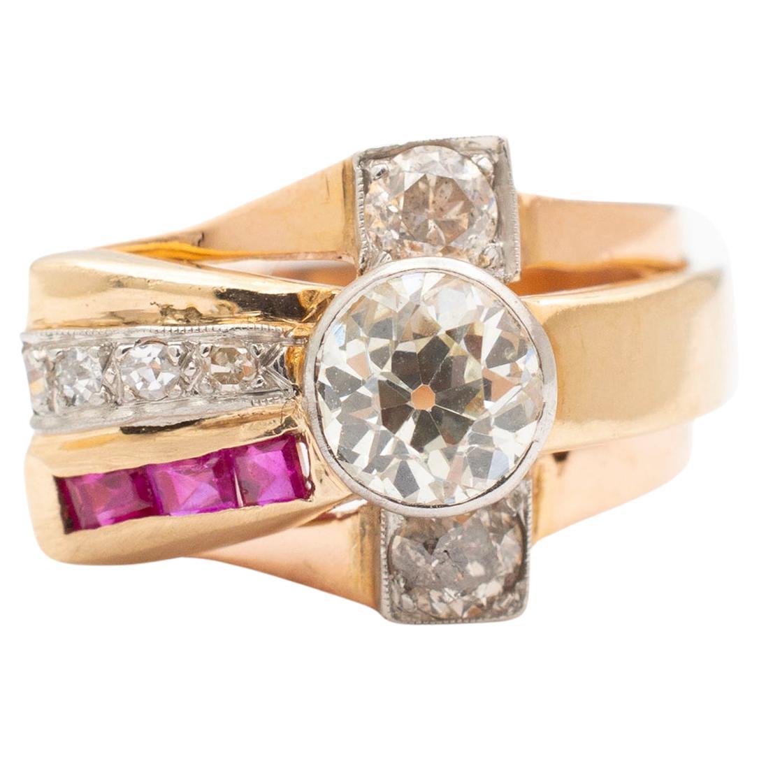 Damen Vintage Platin 14K Gelbgold Alteuropäischer Diamant Rubin Cocktail-Ring