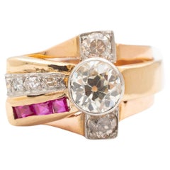 Damen Vintage Platin 14K Gelbgold Alteuropäischer Diamant Rubin Cocktail-Ring