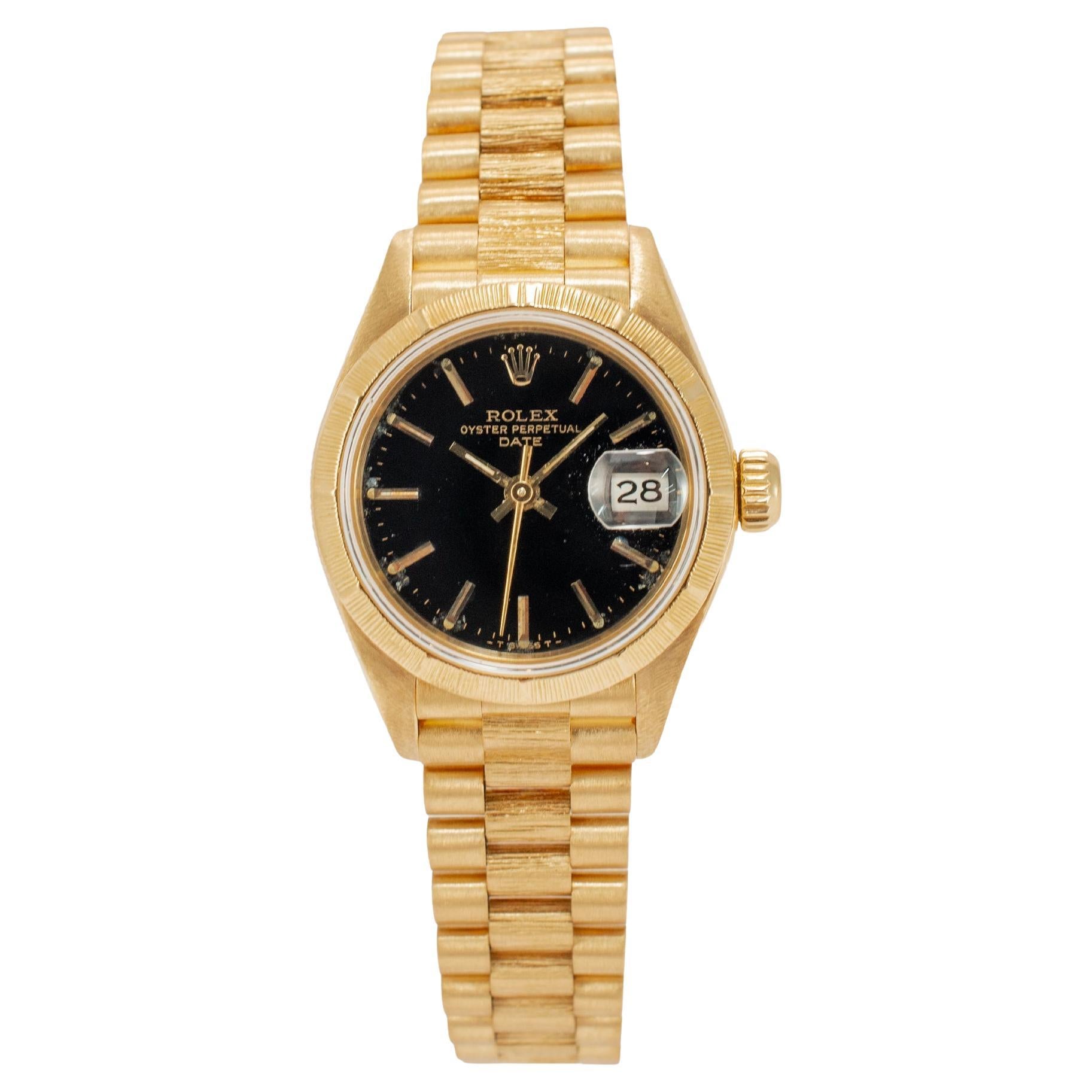 Ladies Vintage Rolex Datejust 26MM 69278 18K Gold Bark Black President Watch For Sale