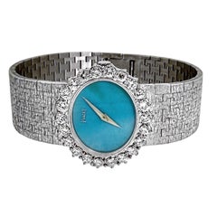 Ladies Vintage White Gold Piaget Watch with Turquoise Dial & Diamond Bezel
