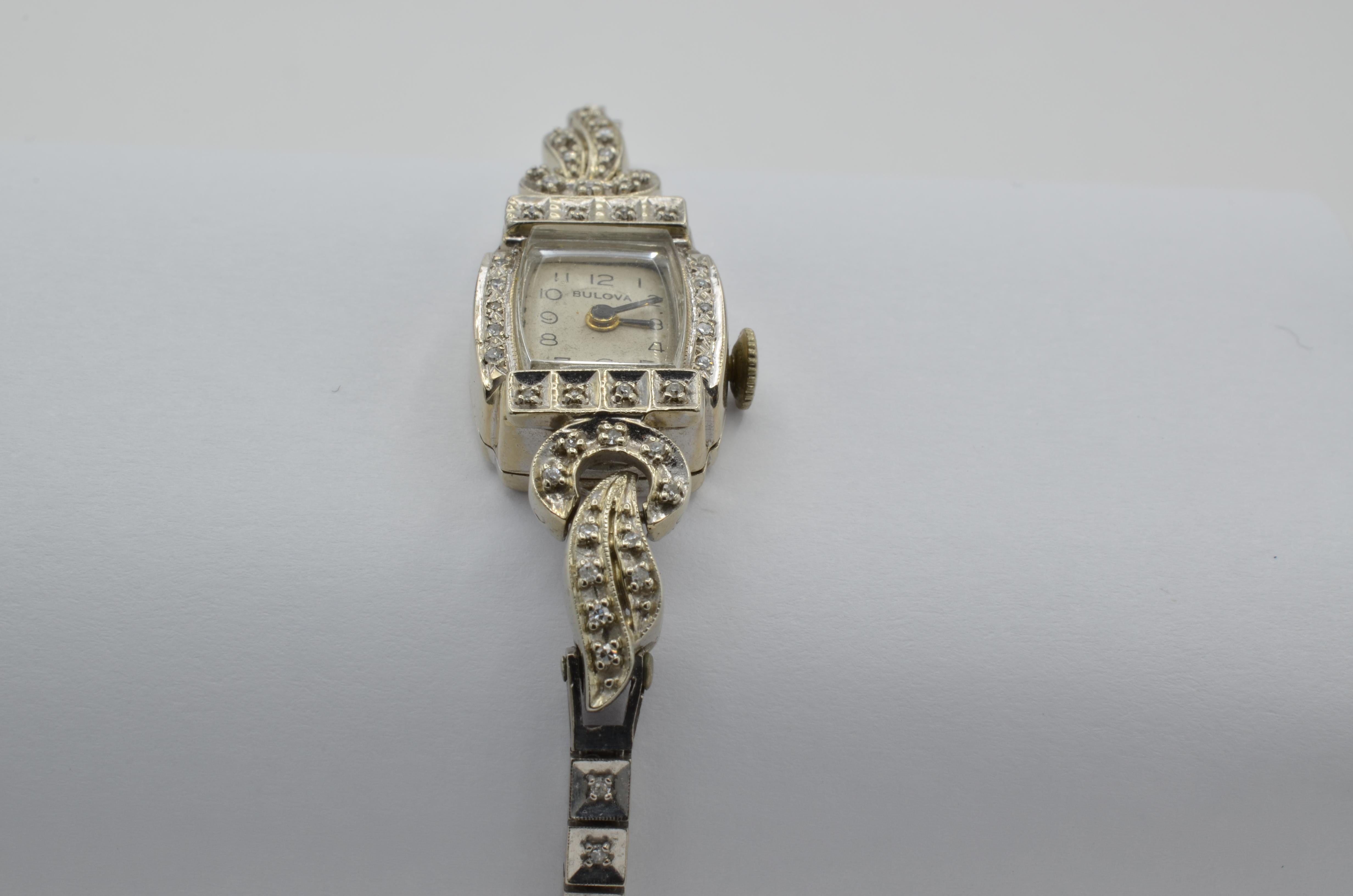 Art Deco Lady Watch Diamond 14 Karat White Gold Bulova 1950