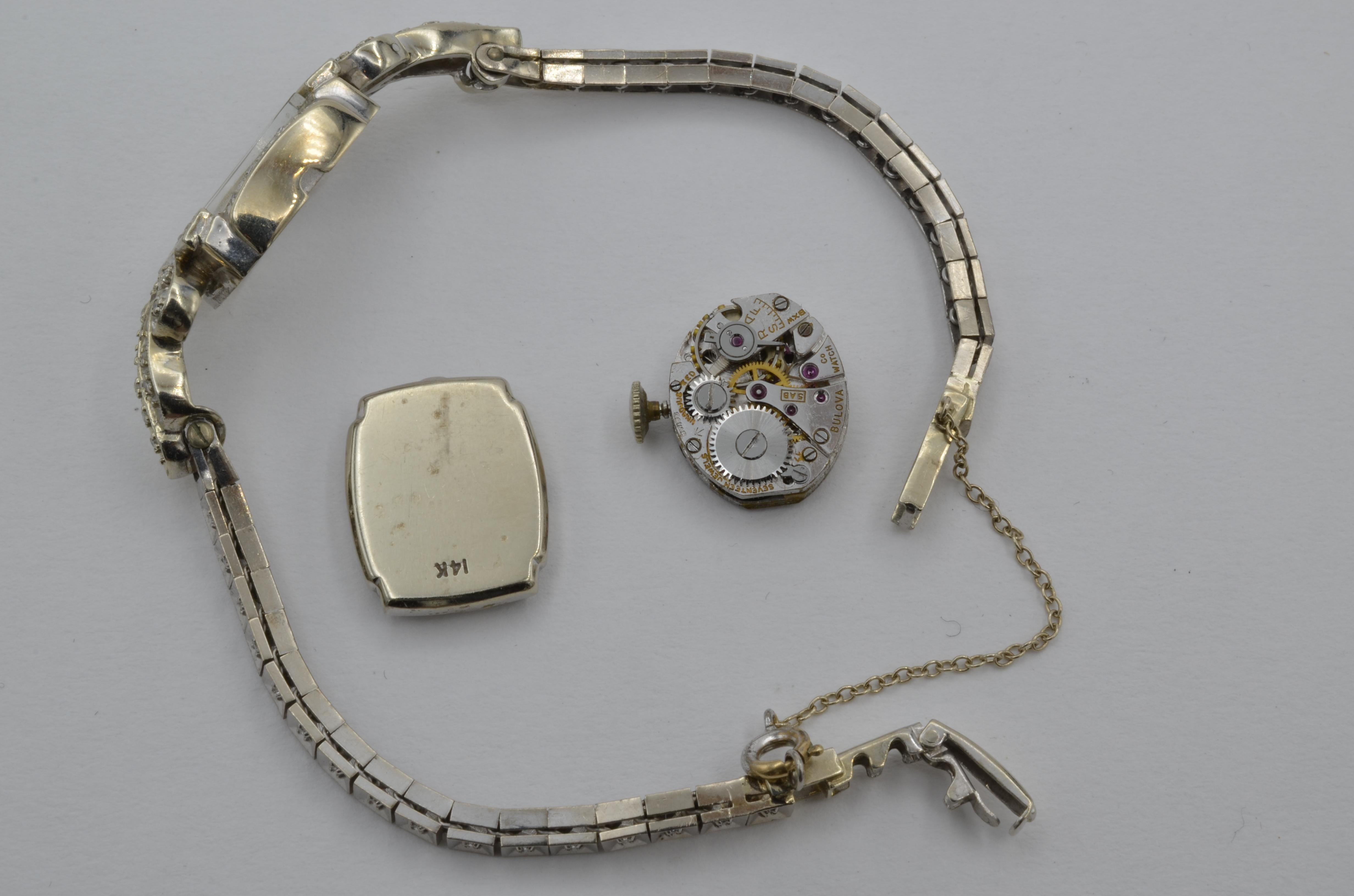 Round Cut Lady Watch Diamond 14 Karat White Gold Bulova 1950