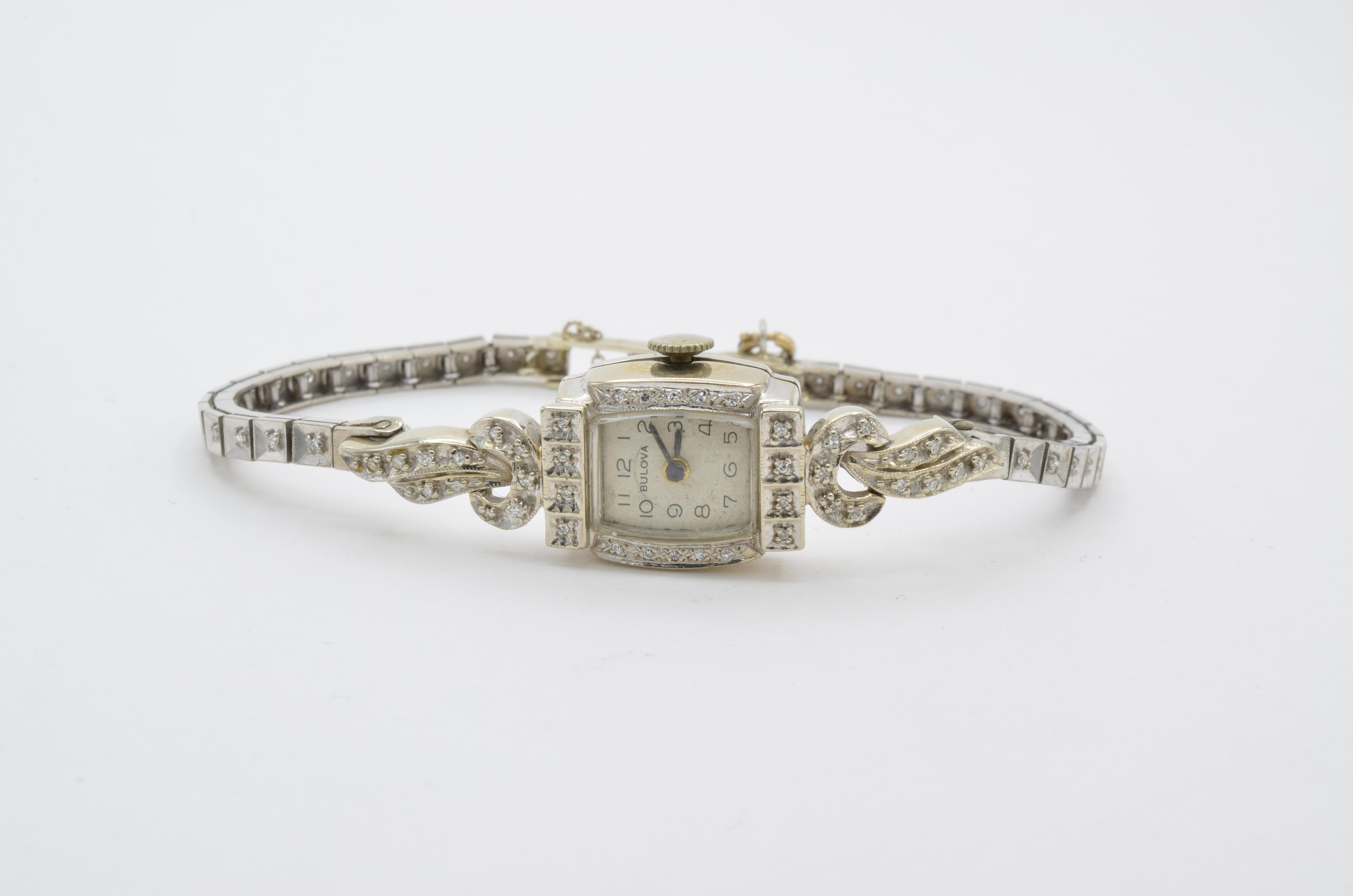 Lady Watch Diamond 14 Karat White Gold Bulova 1950 In Good Condition In Berkeley, CA