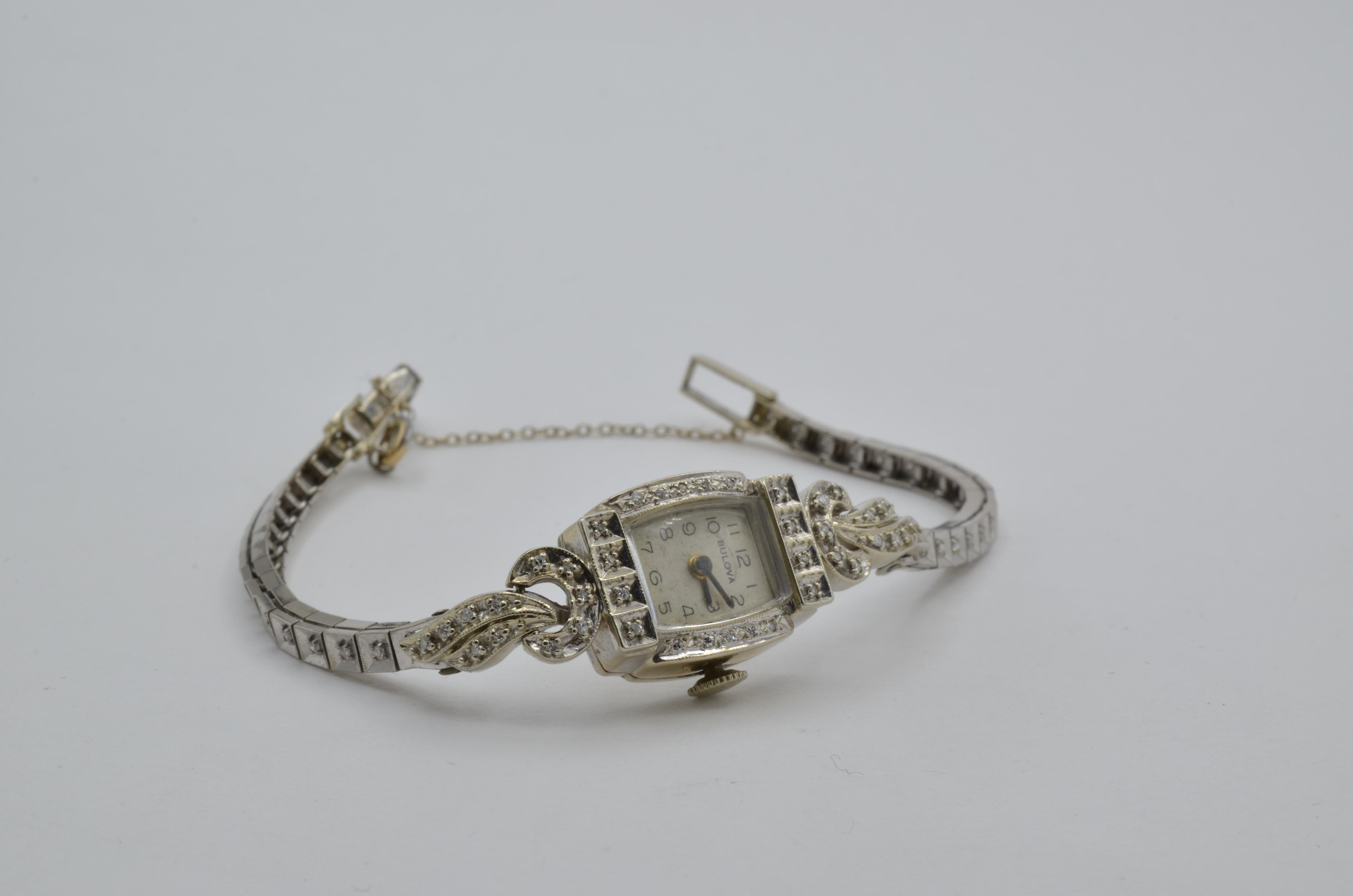 Women's Lady Watch Diamond 14 Karat White Gold Bulova 1950