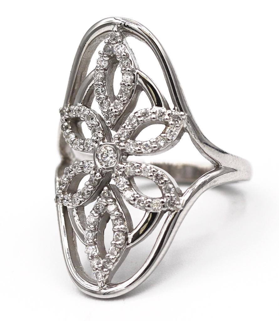 Women's Ladies White Gold & Diamond Long Flower Floral Ring For Sale