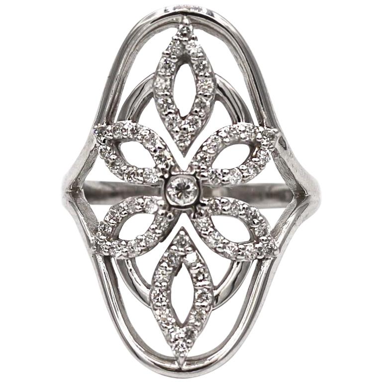 Ladies White Gold & Diamond Long Flower Floral Ring For Sale