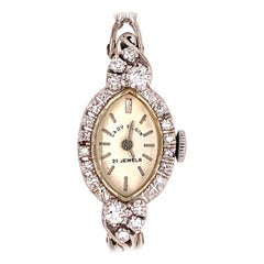 Vintage Ladies White Gold Elgin 1 Carat Natural Colorless Diamond Manual Cocktail Watch