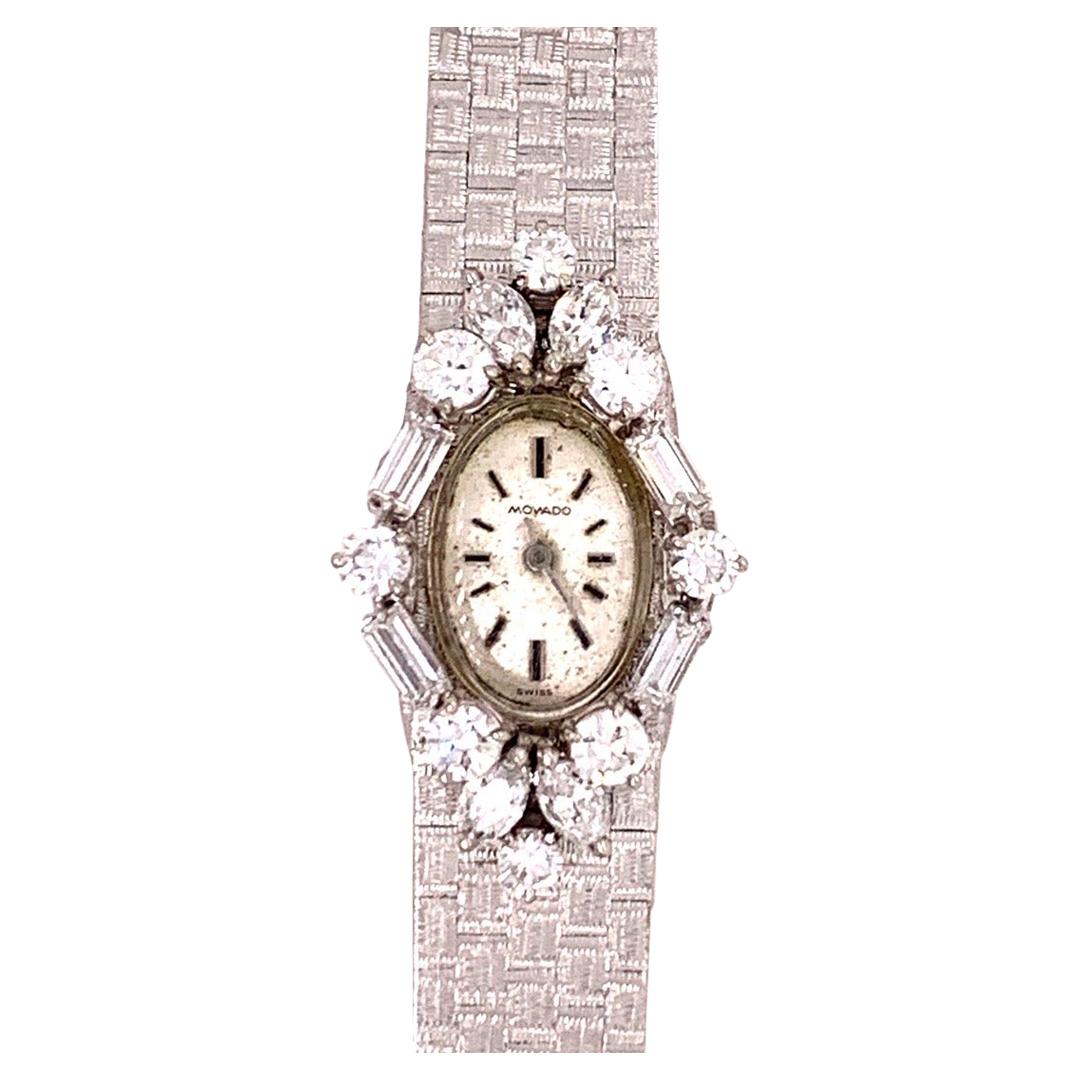 Ladies White Gold Movado 2 Carat Natural Colorless Diamond Manual Cocktail Watch For Sale