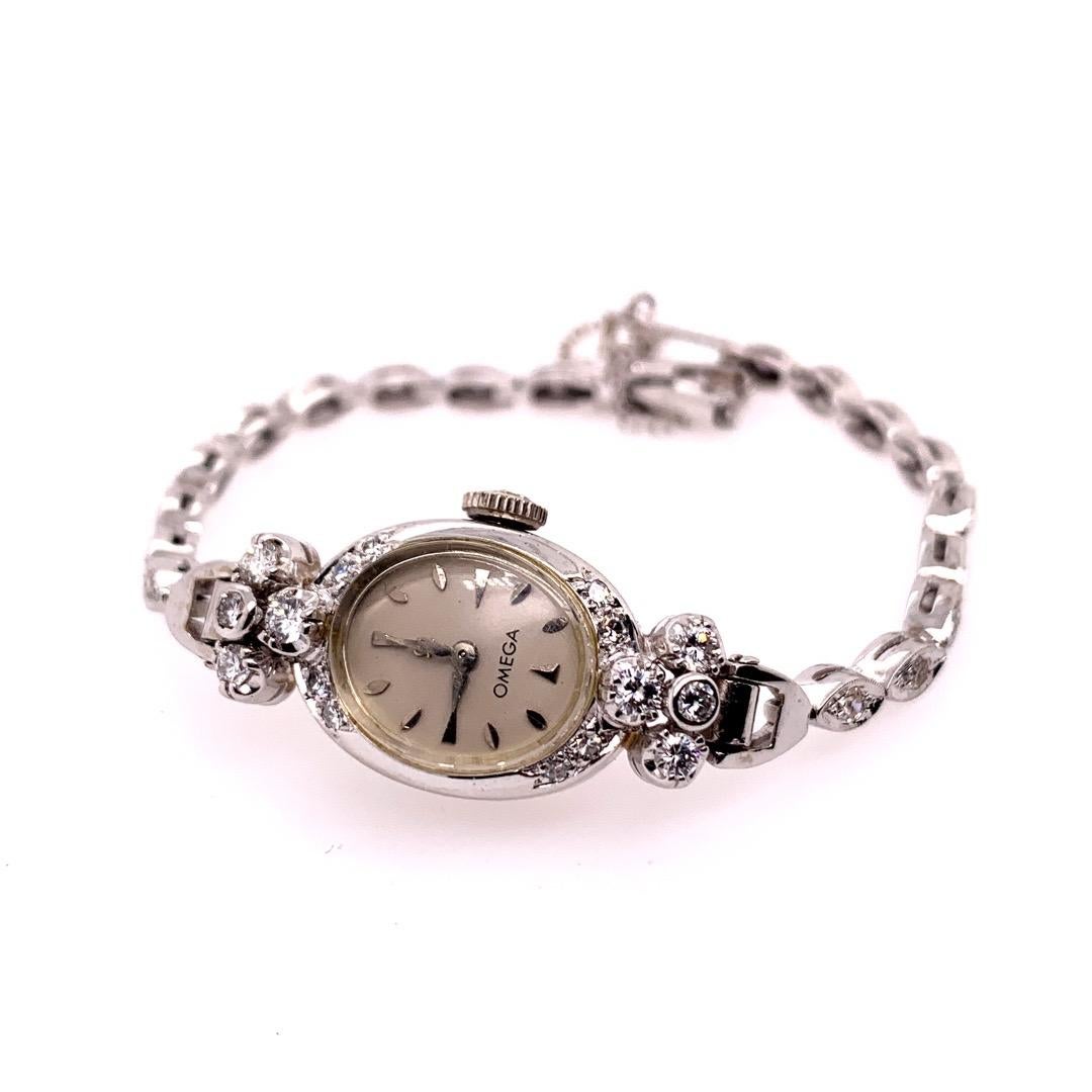 Retro Ladies White Gold Omega 1.25 Carat Natural Diamond Manual Cocktail Vintage Watch For Sale