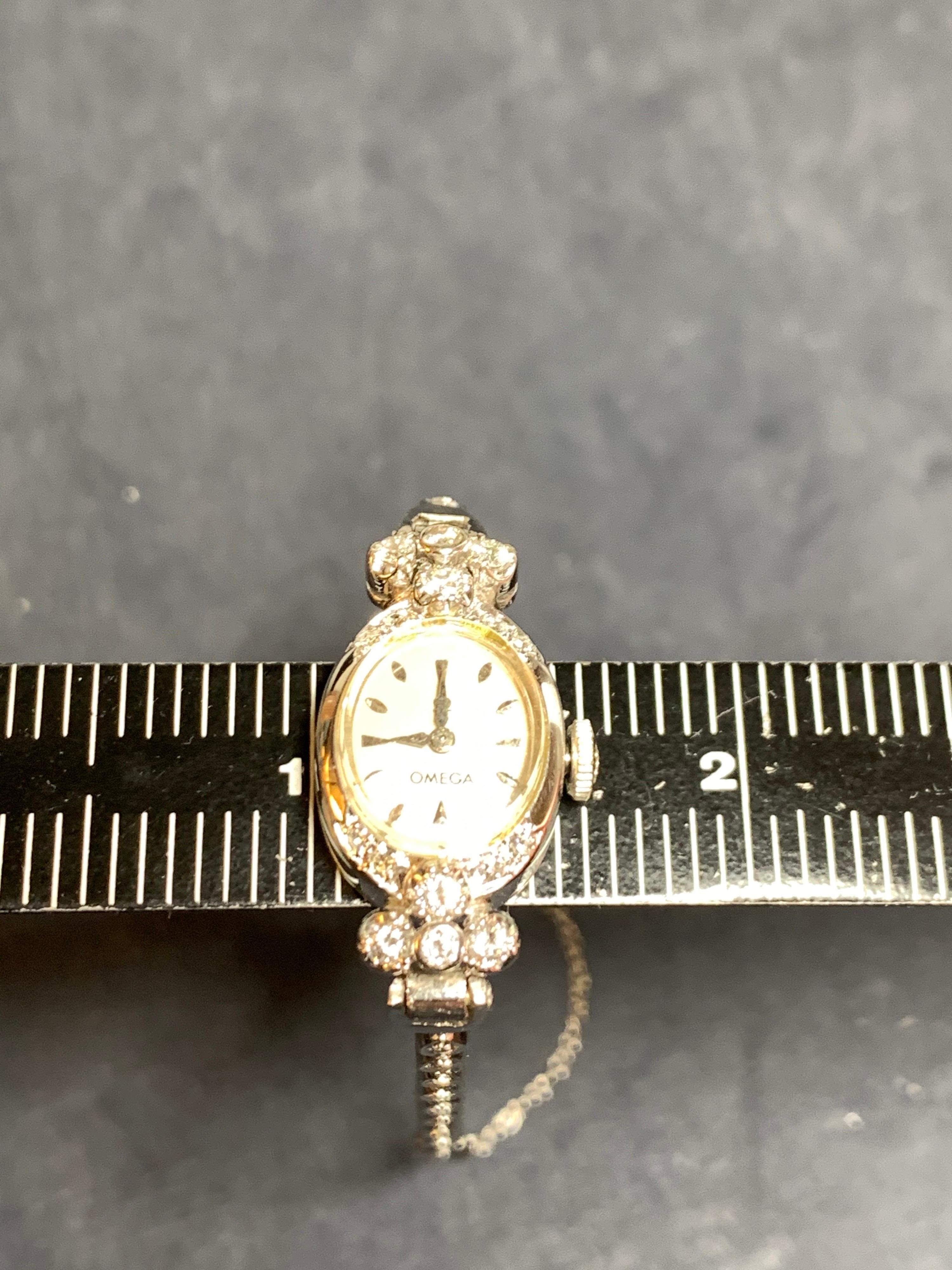 Ladies White Gold Omega 1.25 Carat Natural Diamond Manual Cocktail Vintage Watch In Good Condition For Sale In Los Angeles, CA
