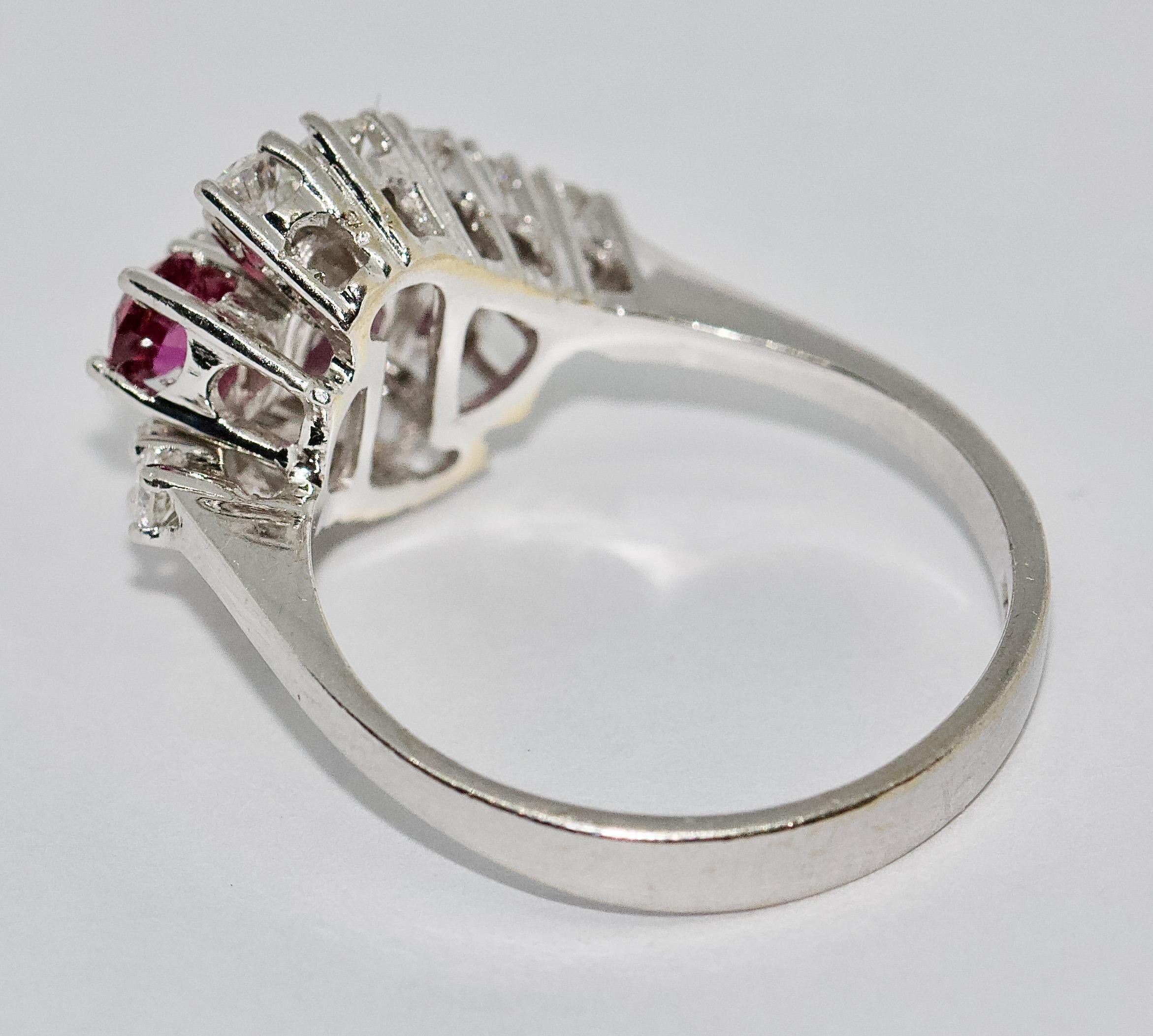 Round Cut Ladies White Gold Ring with Rubies and Diamonds For Sale