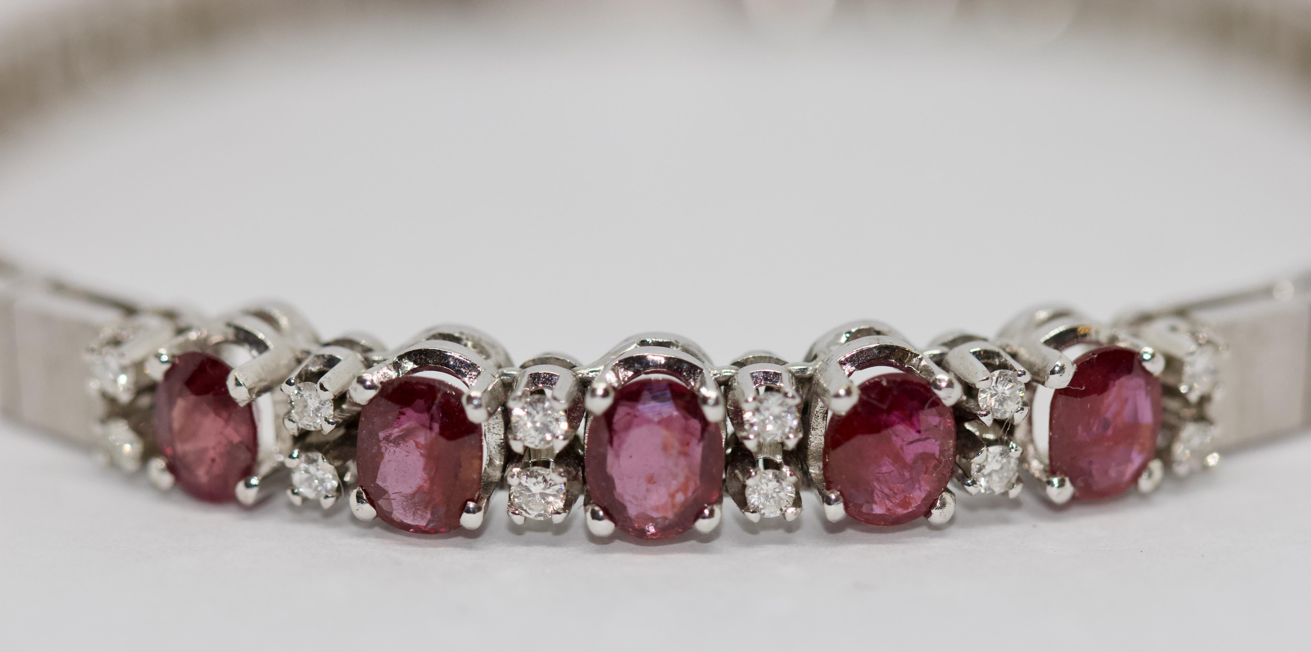 Round Cut Ladies White Gold Tennis Bracelet with Rubies and Diamonds For Sale