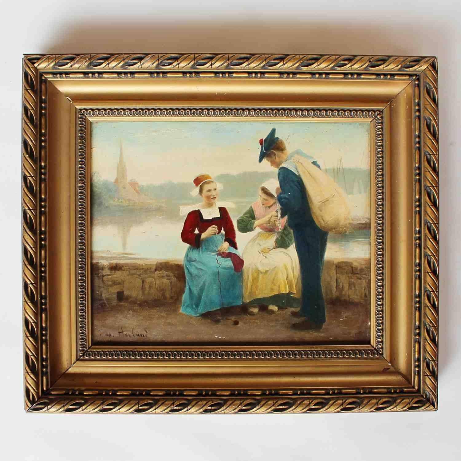 'Ladies with Sailor', an oil on canvas study of two ladies flirting with a young sailor. Se in a gilt frame. Signed E. Herland to lower left. 

Emma Herland was born in Cherbourg and became a pupil of Jules Lefabvre and Benjamin Constant. She
