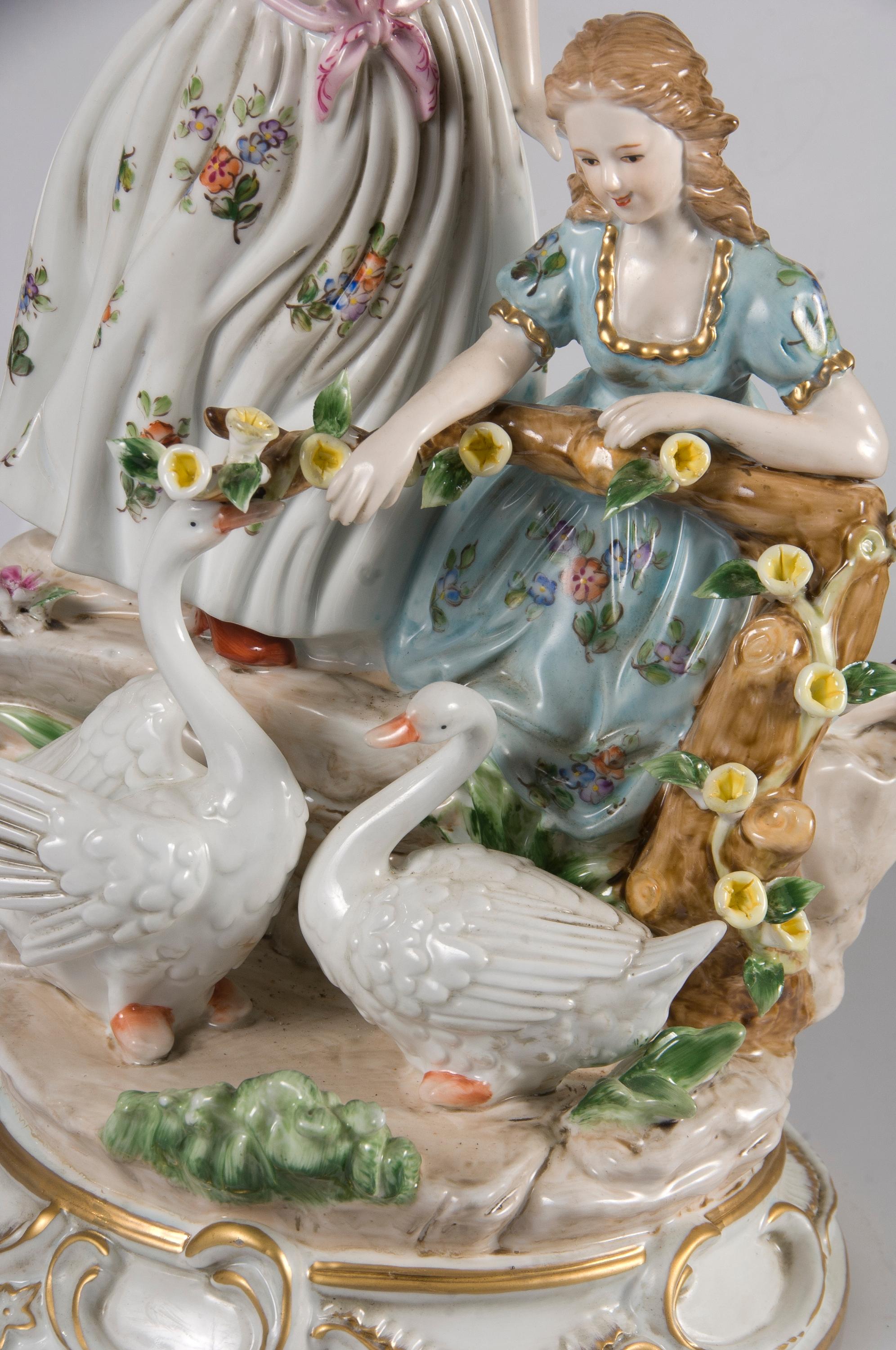 European Ladies with Swans, Porcelain, After Models from Sèvres For Sale