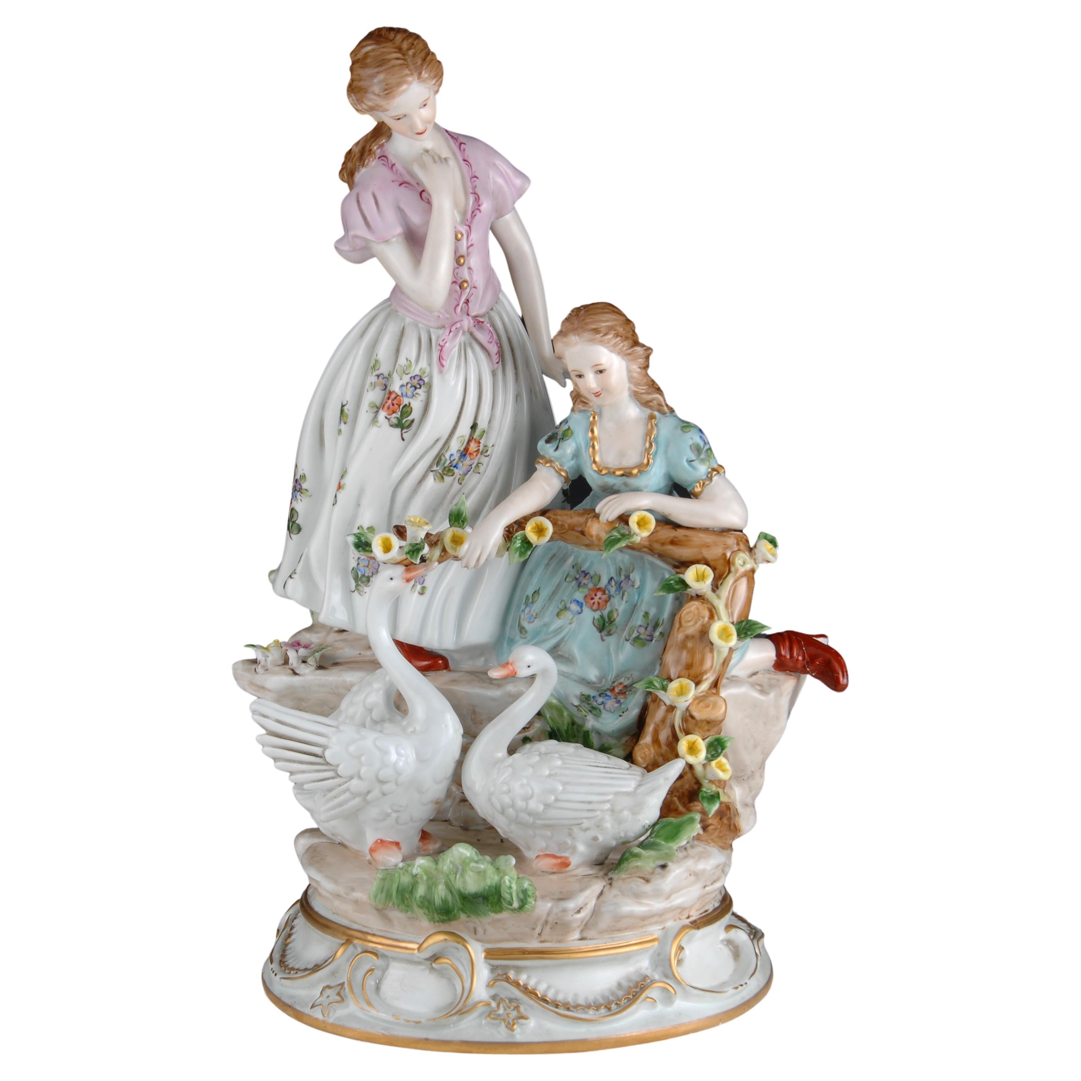 Ladies with Swans, Porcelain, After Models from Sèvres For Sale