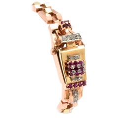 Ladies Yellow and Rose Gold Diamond Ruby Flip Top manual wind Wristwatch