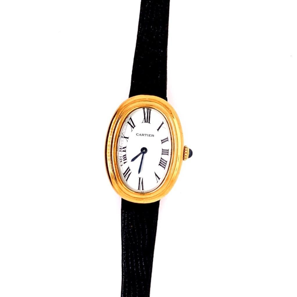 Modern Ladies Yellow Gold Cartier White Baignoire Paris Mechanical Watch Box and Buckle