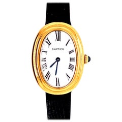 Ladies Yellow Gold Cartier White Baignoire Paris Mechanical Watch Box and Buckle