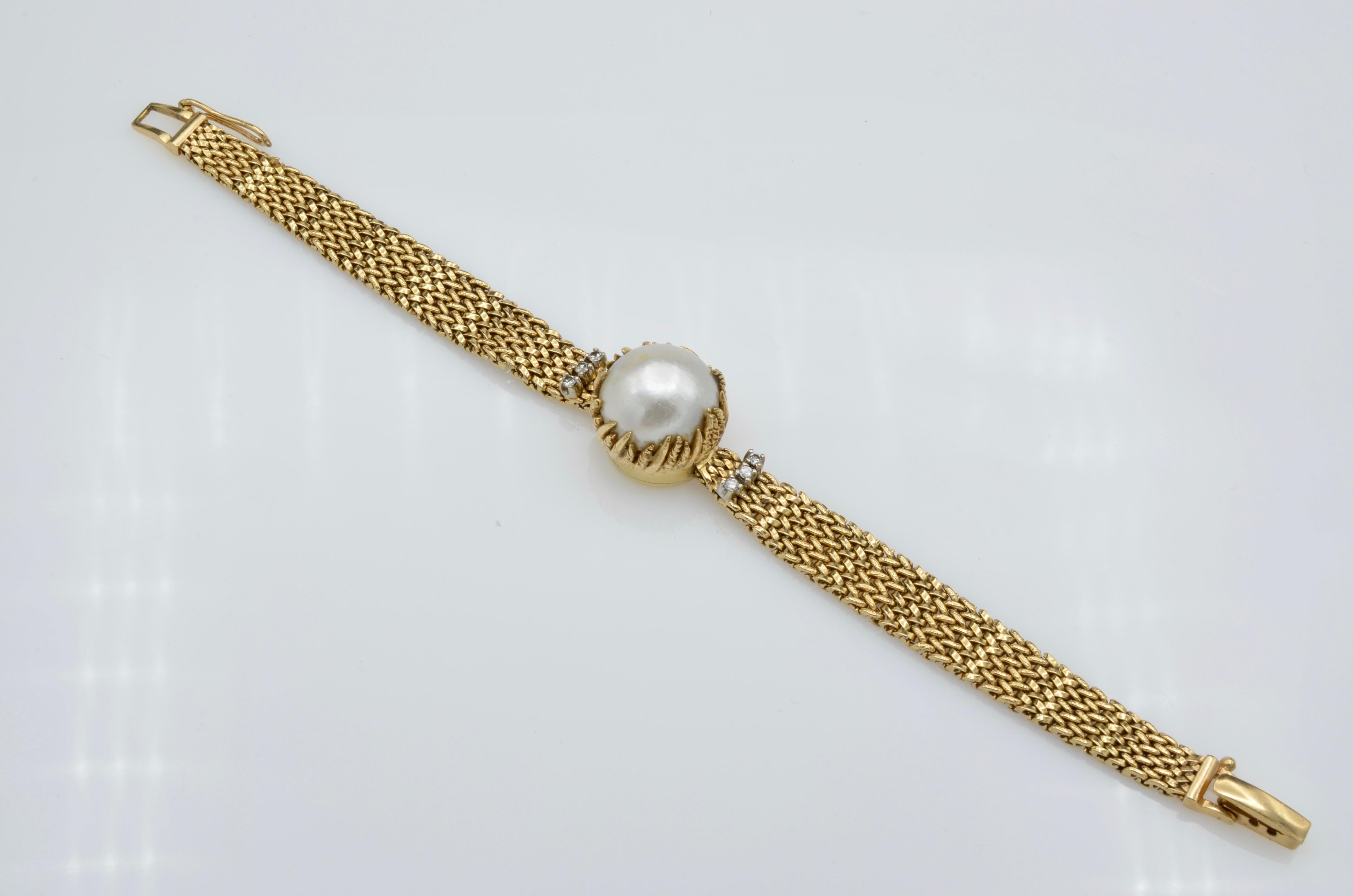 Women's Ladies Yellow Gold Diamond Mabe Pearl Wristwatch, 1950s 