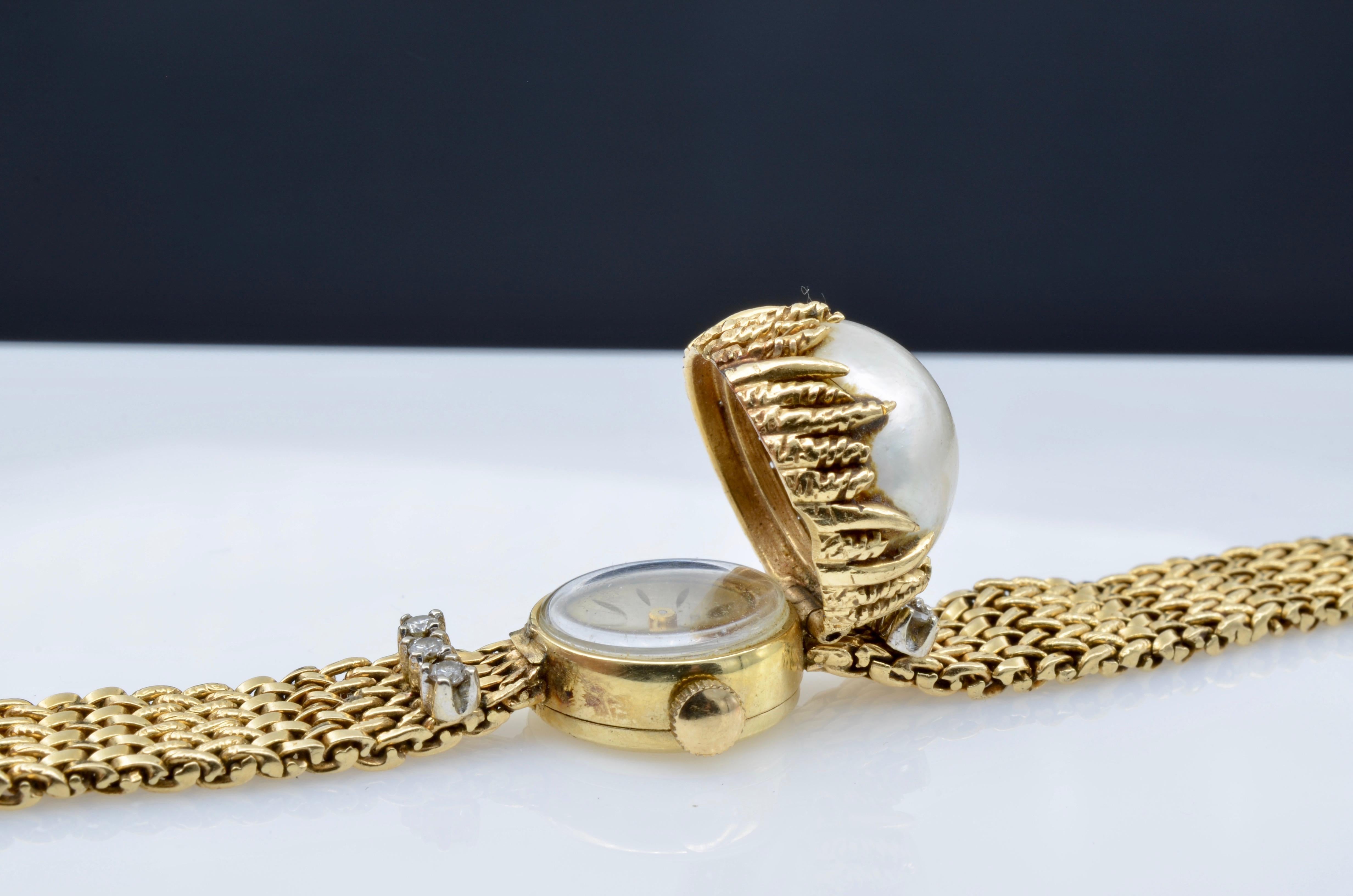 Ladies Yellow Gold Diamond Mabe Pearl Wristwatch, 1950s  2