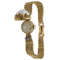 Ladies Yellow Gold Diamond Mabe Pearl Wristwatch, 1950s 