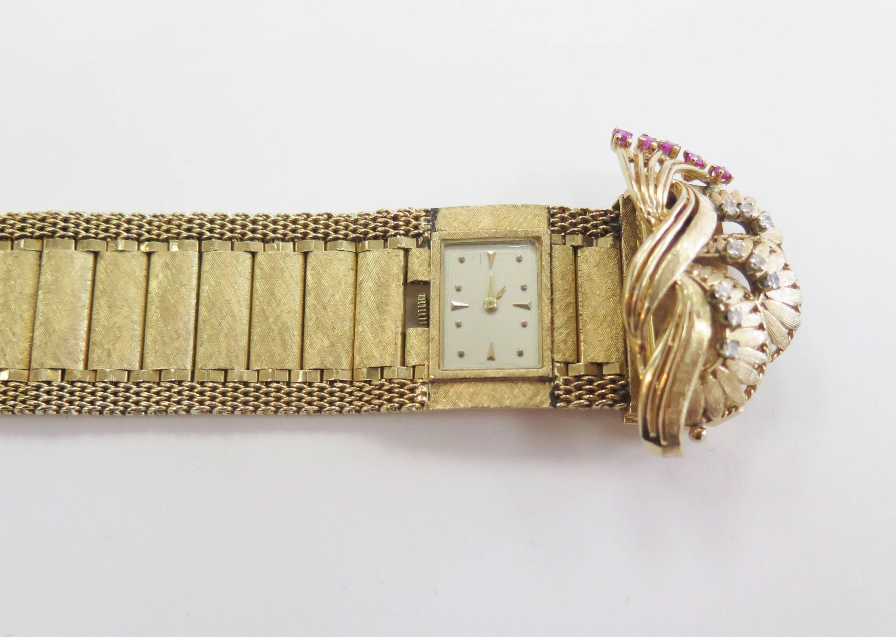 Round Cut Ladies Yellow Gold Diamond Ruby Vintage Covered Manual Wristwatch, circa 1950