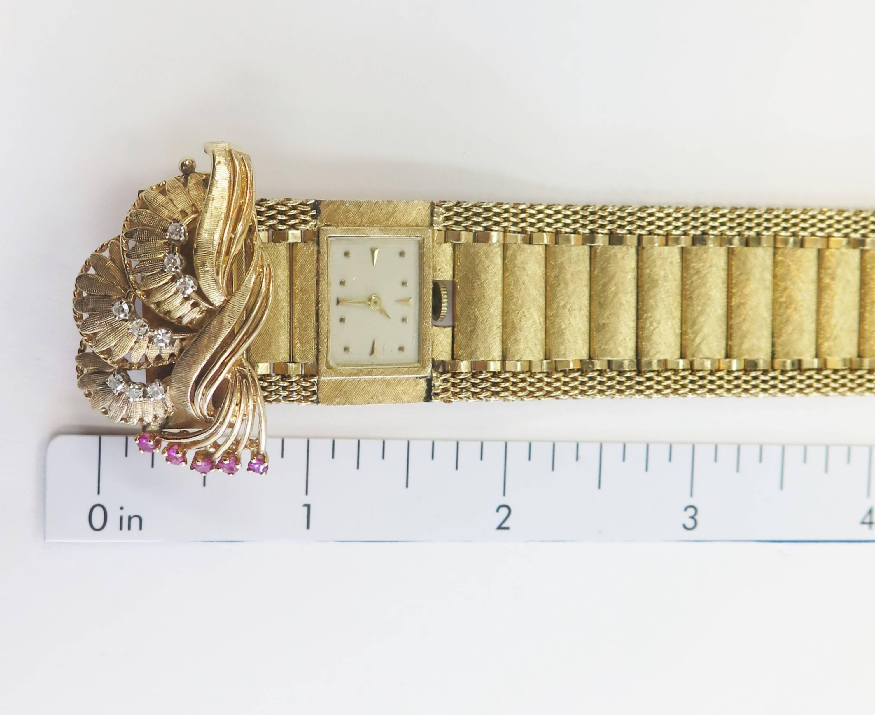 Ladies Yellow Gold Diamond Ruby Vintage Covered Manual Wristwatch, circa 1950 3