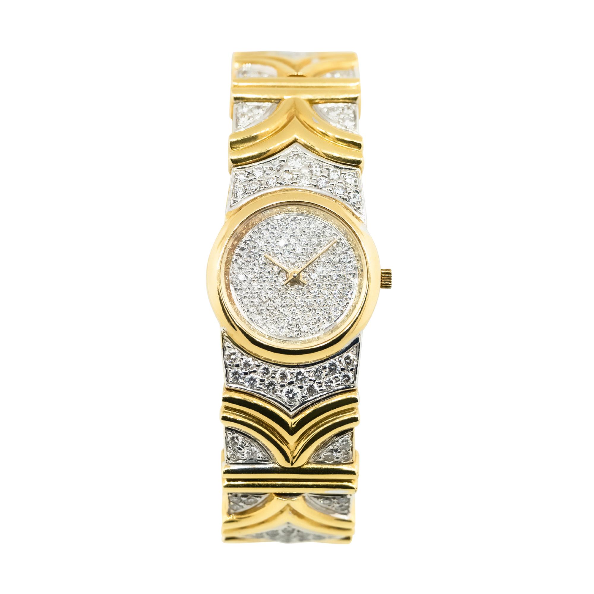 Women's Ladies Yellow Gold Pave Diamond 18 Karat Watch In Stock For Sale